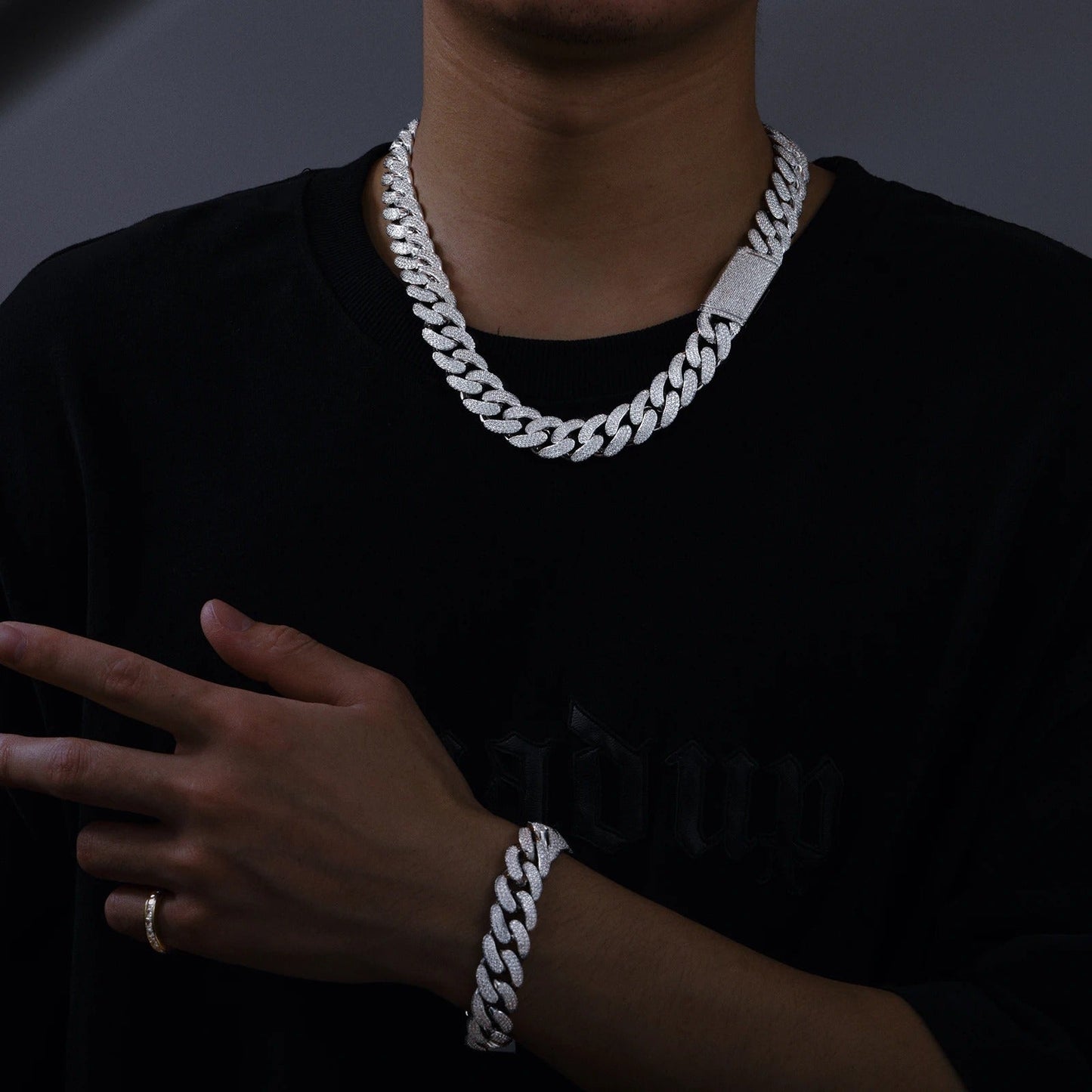 Moissanite Cuban Link Chain on model front