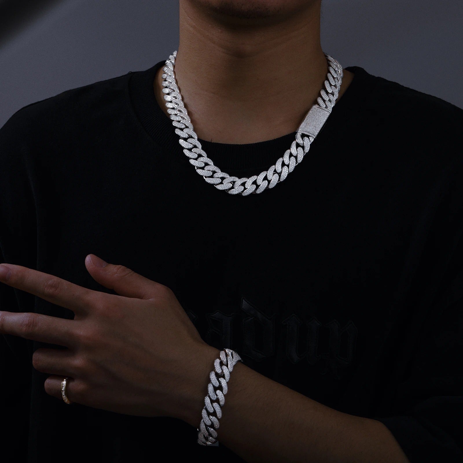 Moissanite Cuban Link Chain on model front