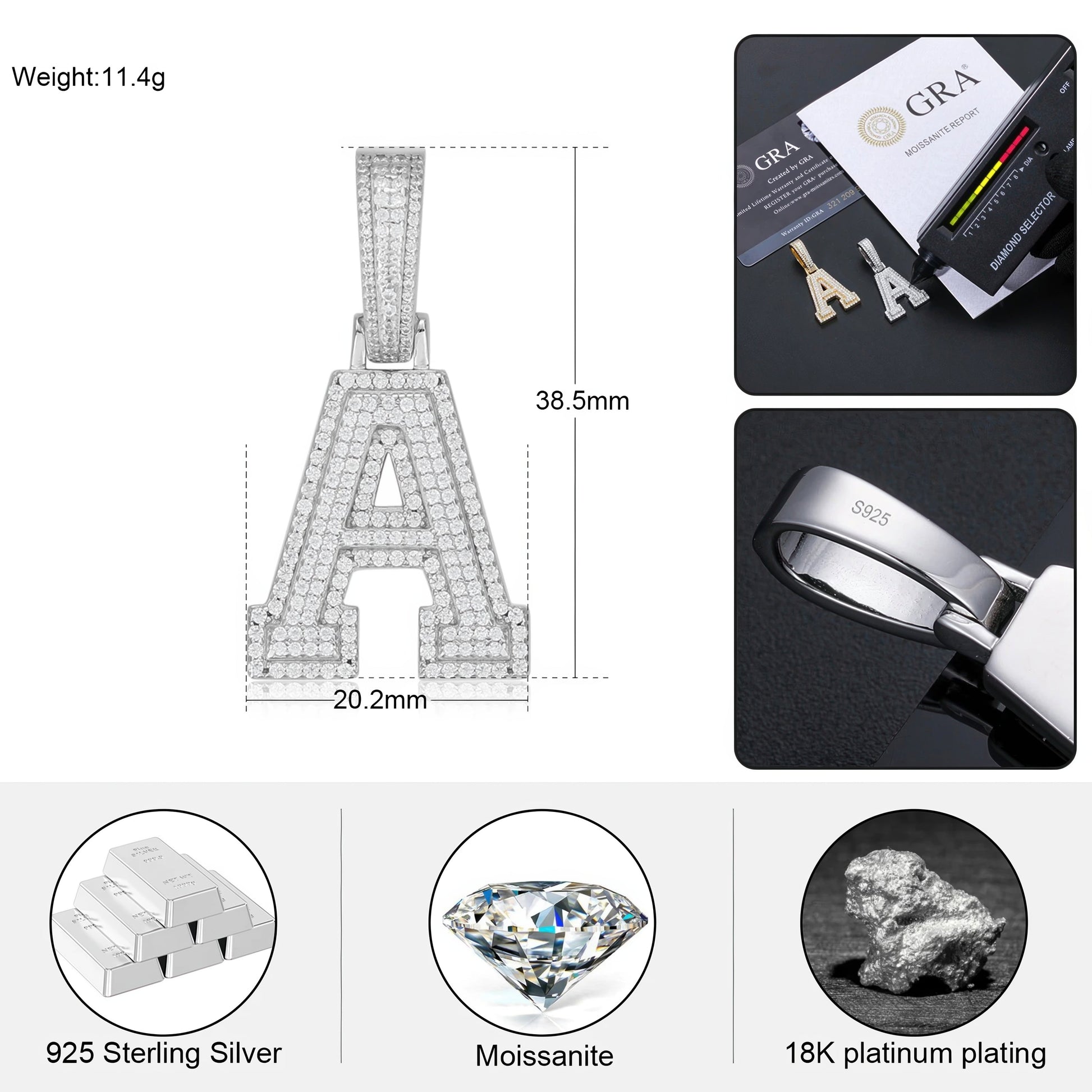 Moissanite Letter Pendant measurements
