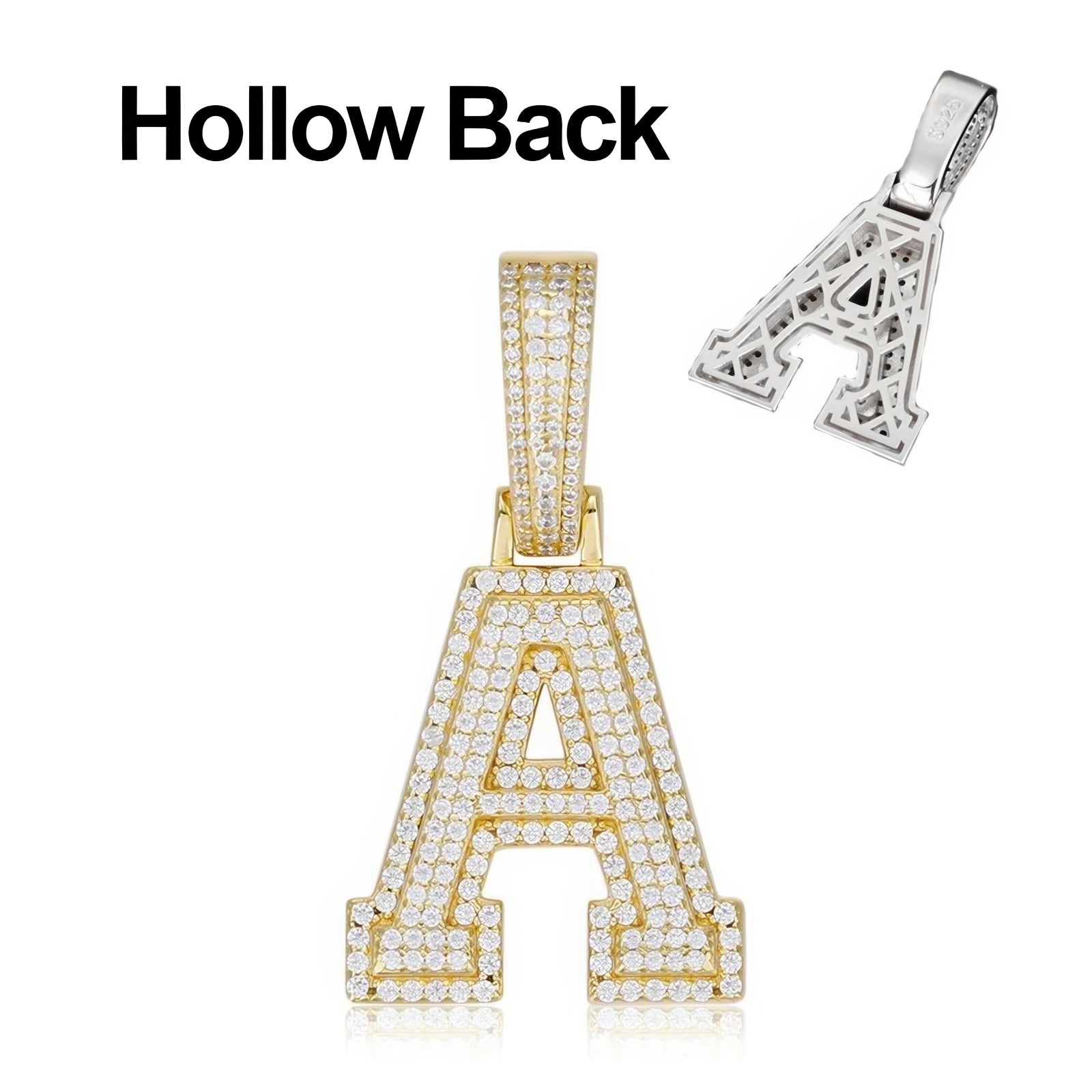Moissanite Letter Pendant gold hollow back